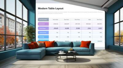 Modern table layout template with highlighted row. Flat design, easy to use for your website or presentation. Wall mural