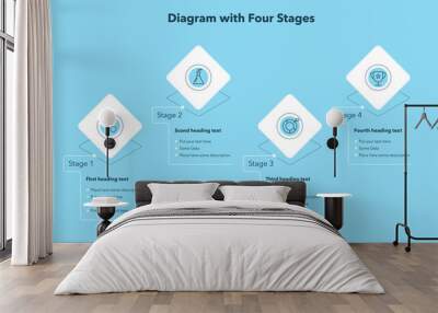 Simple diagram with four rhombus stages - blue version. Simple flat template for data visualization. Wall mural