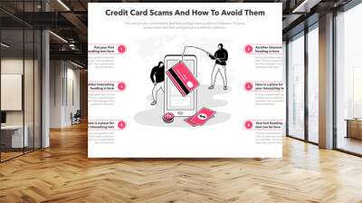 Simple infographic template for credit card scams and how to avoid them. 6 stages template with a smartphone and two hackers as a main symbol. Wall mural