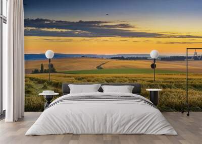 Meadow with flowers and trees during sunset Wall mural