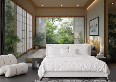 Minimalist japanese-style bedroom with natural lighting and serene garden view. concept of tranquility and simplicity. Wall mural