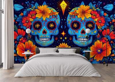 Vibrant day of the dead skull design with colorful floral patterns and glowing accents Wall mural