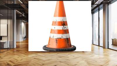 Worn orange traffic cone with white stripes and visible dirt marks Wall mural