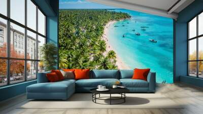 Aerial view of Saona Island in Dominican Republuc. Caribbean Sea with clear blue water and green palms. Tropical beach. The best beach in the world. Wall mural