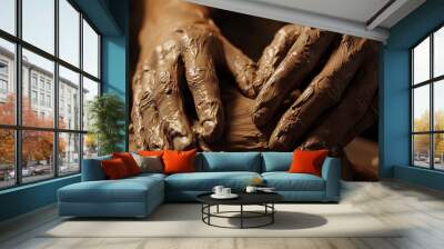 Close-up of hands shaping clay in pottery process Wall mural