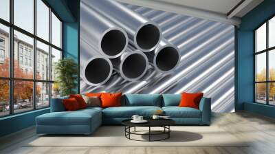 Group, set of simple new high quality shiny galvanized stainless steel metal aluminium alloy pipes stacked, iron pipes, industrial construction materials, supplies storage, warehouse stock, nobody Wall mural