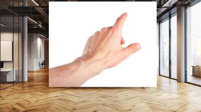 Human finger pointing out, pressing, tapping screen natural gesture isolated on white background, cut out. Interaction with media, showing something, choosing, augmented reality hand movement concept Wall mural