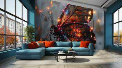 Tech digital butterfly flying in clean white sky Wall mural