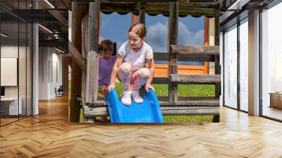 Two young girls playing on a playground slide outdoors, sunny summer holidays day, carefree enjoying childhood fun, outdoor activity, family time, friendship, and healthy lifestyle in a rural setting Wall mural