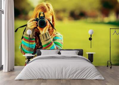 Caucasian Girl with Camera Wall mural