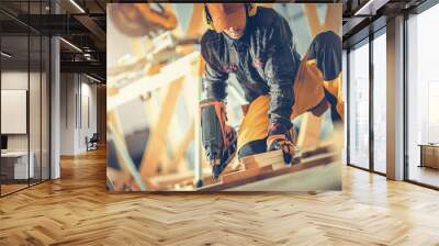 Construction Worker with Nail Gun in His Hand Wall mural