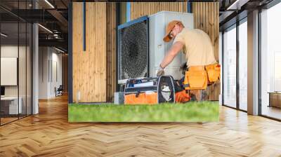 HVAC Technician Worker Fixing Heat Pump at House Wall mural