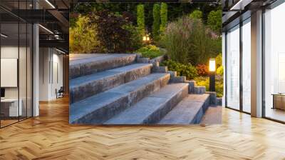 Landscaped Garden with Concrete Stairs and Decorative Illumination Wall mural