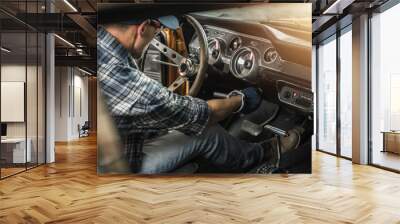 Professional Classic Cars Mechanic Inside a Muscle Car Wall mural