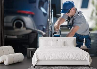 Towing Company Worker Securing Vehicle on the Truck Platform Wall mural