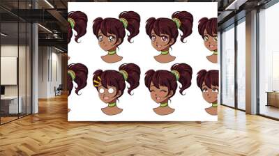 A set of cute anime girl with different expressions. Dark hair, big black eyes. Ponytail with donut. Hand drawn retro anime vector illustration . Can be used for avatar, stickers, badges, prints etc. Wall mural