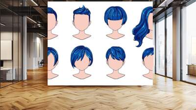 Beautiful hairstyle woman modern fashion for assortment. Blue short hair, curly hair salon hairstyles and trendy haircut vector icon set isolated on white background. Hand drawn illustration. Wall mural