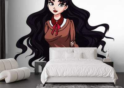 Cute cartoon school girl with wavy black hair and big brown eyes. Hand drawn vector illustration. Wall mural