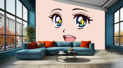 Happy anime face. Manga style big blue eyes, little nose and big kawaii mouth. Yellow sparkles in her eyes. Wall mural