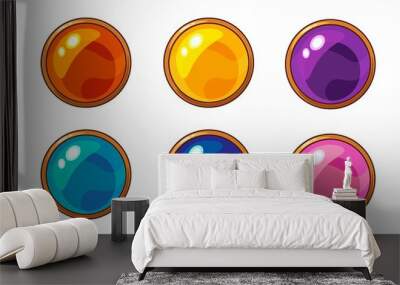 Shiny colorful round gem with golden frame set for mobile game interface design. Wall mural