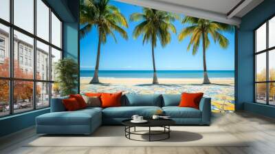 View of beautiful palm trees on the beach from a beautiful mosaic floor with tropical floral patterns Wall mural