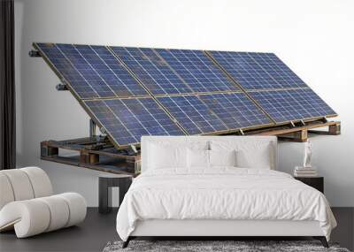 Solar panel array with six blue photovoltaic panels on a metal frame against a plain background Wall mural