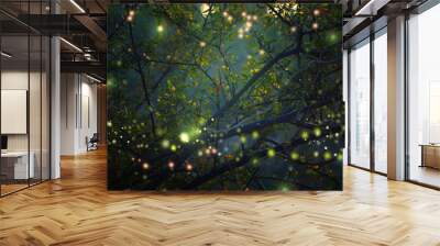 Abstract and magical image of Firefly flying in the night forest. Fairy tale concept. Wall mural