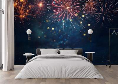 abstract gold, black and blue glitter background with fireworks. christmas eve, 4th of july holiday  Wall mural