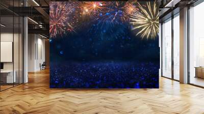 abstract gold, black and blue glitter background with fireworks. christmas eve, 4th of july holiday concept. Wall mural