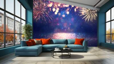 abstract gold, black and blue glitter background with fireworks. christmas eve, 4th of july holiday concept Wall mural