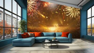 abstract gold, black and gold glitter background with fireworks. christmas eve, 4th of july holiday concept Wall mural