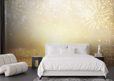 abstract gold glitter background with fireworks. christmas eve, new year and 4th of july holiday concept. Wall mural