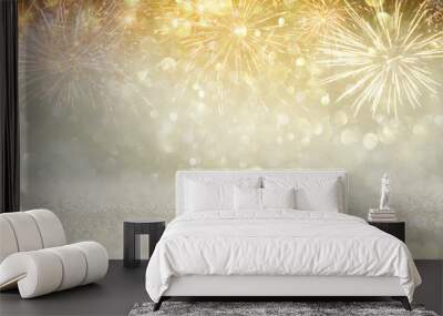 abstract gold glitter background with fireworks. christmas eve, new year and 4th of july holiday concept. Wall mural