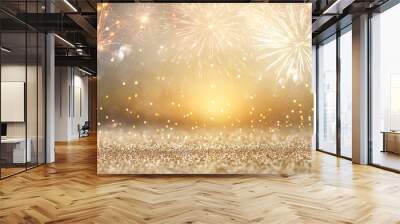 abstract gold glitter background with fireworks. christmas eve, new year and 4th of july holiday concept. Wall mural