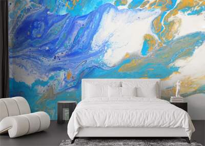 Abstract marbleized effect background. Blue and white creative colors. Beautiful paint with the addition of gold Wall mural