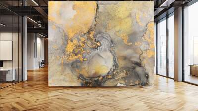 art photography of abstract fluid art painting with alcohol ink, black, gray and gold colors Wall mural