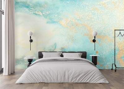 art photography of abstract fluid art painting with alcohol ink, blue, turquoise and gold colors Wall mural