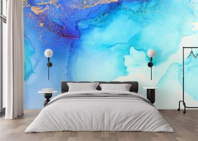 art photography of abstract fluid art painting with alcohol ink, blue and gold colors Wall mural