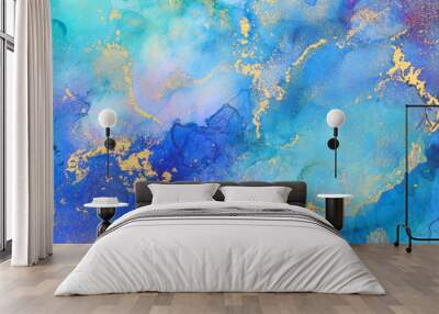 art photography of abstract fluid art painting with alcohol ink, blue and gold colors Wall mural