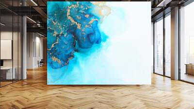 art photography of abstract fluid art painting with alcohol ink, blue and gold colors Wall mural