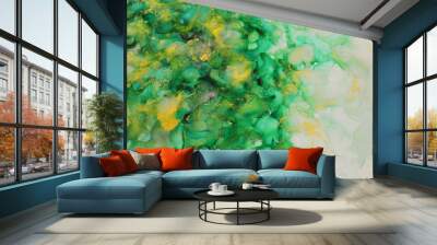 art photography of abstract fluid art painting with alcohol ink, green and gold colors Wall mural