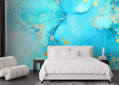 art photography of abstract fluid painting with alcohol ink, blue and gold colors Wall mural