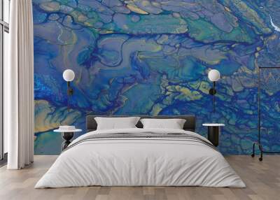 art photography of abstract marbleized effect background. blue and gold creative colors. Beautiful paint. Wall mural