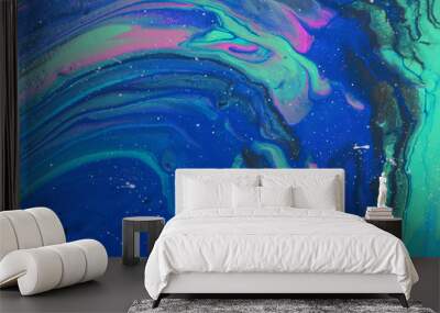 art photography of abstract marbleized effect background. mint, blue and pink creative colors. Beautiful paint. Wall mural