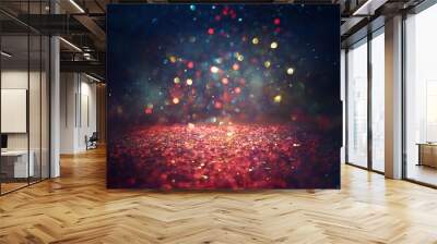 background of abstract red, blue, gold and black glitter lights. defocused Wall mural