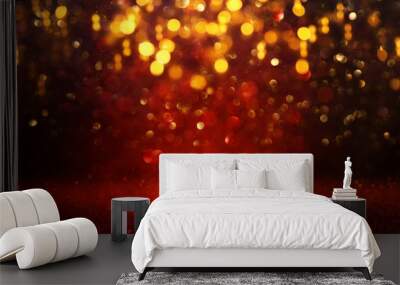 background of abstract red and gold glitter lights. defocused Wall mural