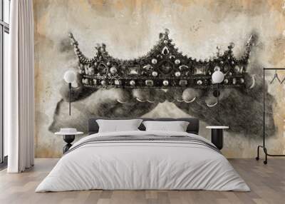 black and white pencil sketch style and abstract illustration of lady holding diamond crown. fantasy medieval period Wall mural