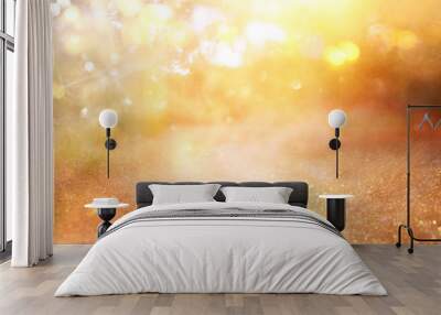 blurred abstract photo of light burst among trees and glitter golden bokeh lights. Wall mural