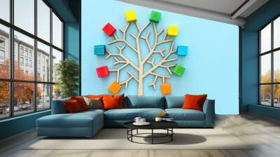 Business image of wooden tree with colorful cubes over blue table, human resources and management concept Wall mural