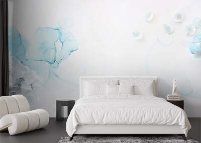 Creative image of pastel blue Hydrangea flowers on artistic ink background. Top view with copy space Wall mural